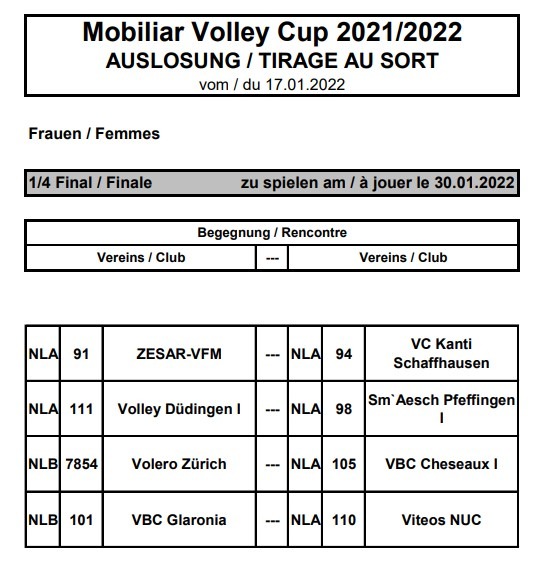 Image MOBILIAR VOLLEY CUP 2021/22 Femmes 1/4 finale 30.1.2022, 17h à Saignelégier