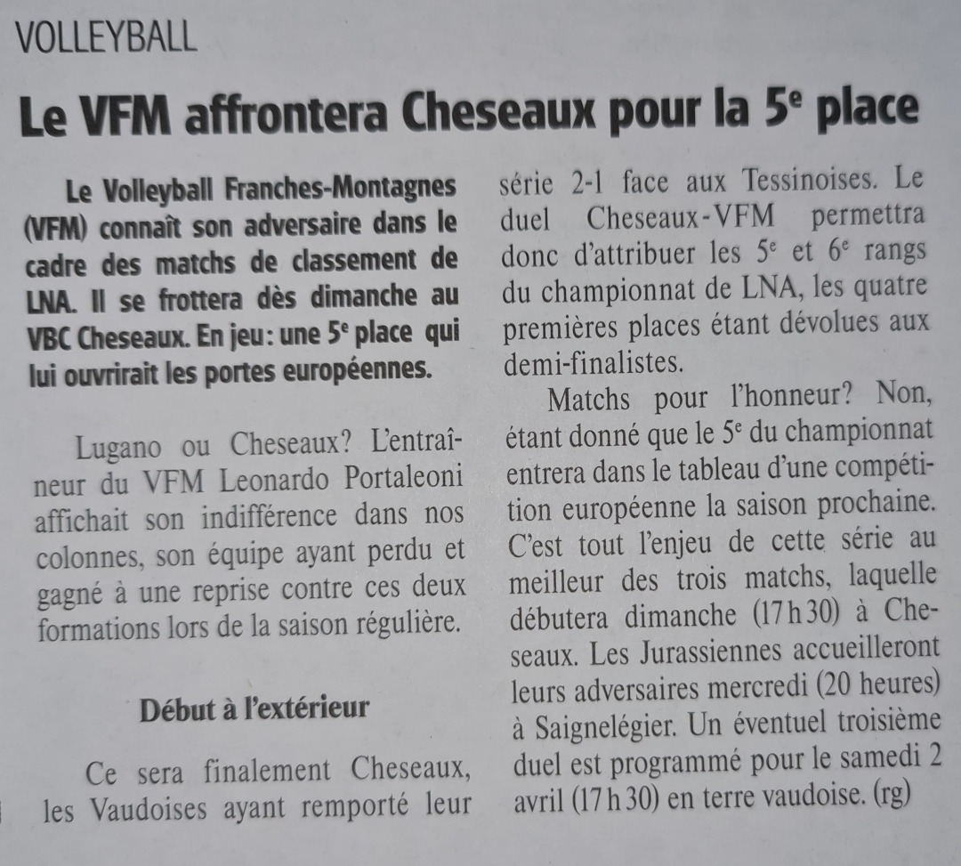 Image Le Zesar-VFM affrontera Cheseaux pour la 5ème place du championnat