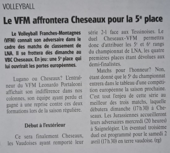 Image Le Zesar-VFM affrontera Cheseaux pour la 5ème place du championnat Image Le Zesar-VFM affrontera Cheseaux pour la 5ème place du championnat